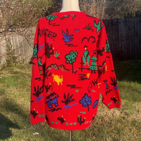 Sweaters - 80’s color block hand made cowboy landscape sweater.